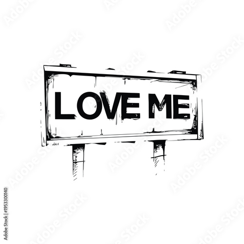 Black and white illustration of a roadside billboard with graffiti text "LOVE ME", urban street art style vector