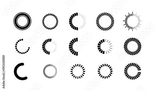 Circular loading spinner icons vector set with radial progress indicators and buffering symbols isolated on white