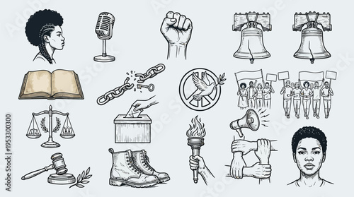A collection of hand-drawn illustrations representing social justice, activism, and civil rights themes.