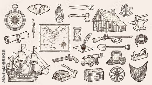 A comprehensive collection of vintage exploration and colonial era tools, weapons, and everyday objects, including a ship, compass, map, house, and various implements.