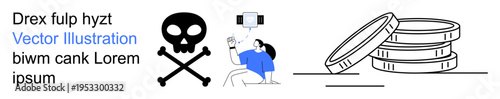 Cybersecurity, digital addiction, toxic content, online transactions, financial security, warning signs. A skull with crossbones, a person on a smartphone and coin stacks. Cybersecurity and digital