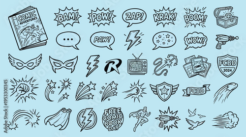 A collection of hand-drawn comic book and superhero-themed doodle icons, including speech bubbles, explosion effects, masks, lightning bolts, and various action elements on a blue background.