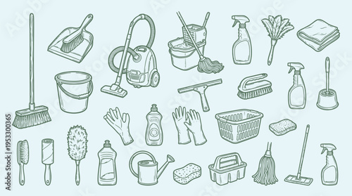 Collection of various cleaning tools and supplies in a hand-drawn sketch style.