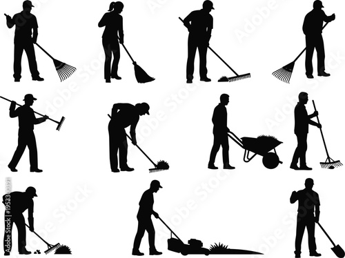 Gardener and landscaping worker silhouettes using rake, shovel and lawn mower isolated on white background, gardening service concept, outdoor maintenance activity collection set