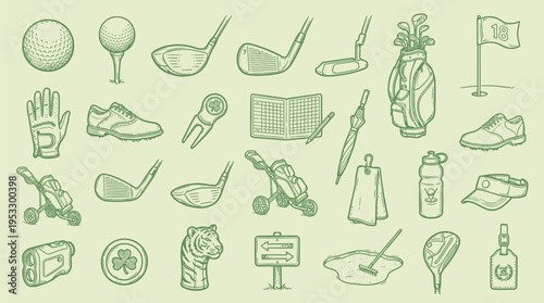 A comprehensive collection of golf equipment and accessories, illustrated in a vintage green etched style, perfect for sports and leisure designs.