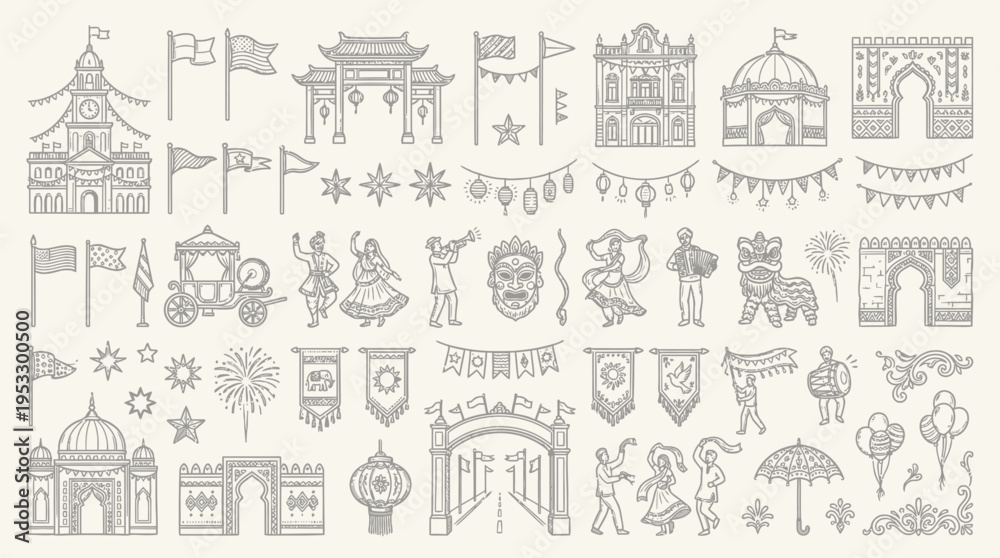 Obraz premium Collection of intricate line art illustrations depicting cultural celebrations, architectural elements, and festive decorations.