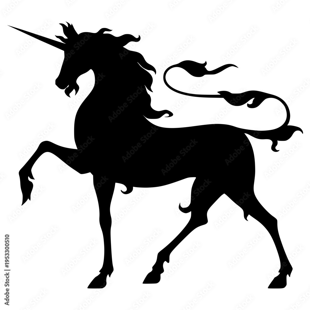 Naklejka premium Majestic unicorn silhouette in a classic heraldic pose, featuring an elegant flowing mane and a stylized tufted tail. This high-contrast black vector illustration captures a sense of mystery and grace