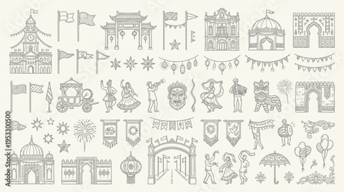 Collection of intricate line art illustrations depicting cultural celebrations, architectural elements, and festive decorations.
