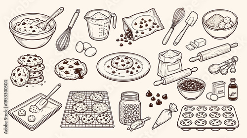 A detailed collection of hand-drawn baking ingredients and kitchen tools for making delicious chocolate chip cookies, presented in a vintage monochrome style.