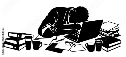 Exhausted overworked businessman sleeping on laptop surrounded by coffee cups, stacked books and messy papers, burnout concept bold black silhouette illustration isolated on background
