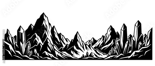Panoramic silhouette of a jagged mountain range interspersed with towering crystal formations. This minimalist black ink vector illustration features a bold, high-contrast landscape