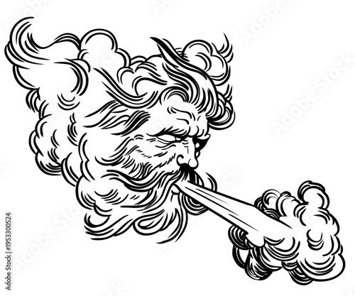 mythological depiction of Boreas or Aeolus, the Greek god of wind, blowing a gust of air. This minimalist linocut-style illustration features bold black contours and swirling cloud patterns.