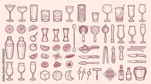 Extensive collection of bar tools, cocktail glassware, and garnishes for mixology, presented as detailed line art illustrations.