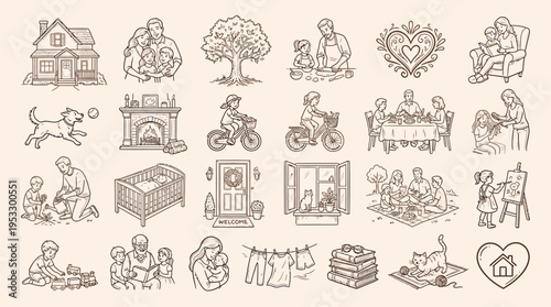 A charming collection of hand-drawn line art illustrations depicting various aspects of family life, home, and simple joys.