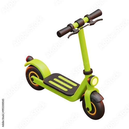 A glossy 3D electric kick scooter in neon green with black wheels and handlebars represents urban eco mobility concepts