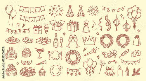 A comprehensive collection of hand-drawn doodle icons representing various celebration and party elements on a light background.