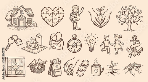 Hand-drawn sketch icons representing family, home, growth, security, and well-being concepts.