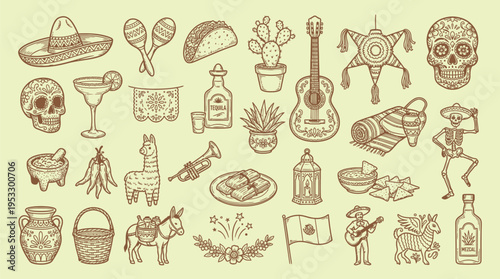 A collection of traditional Mexican cultural symbols and objects in a vintage engraving style on a light green background.