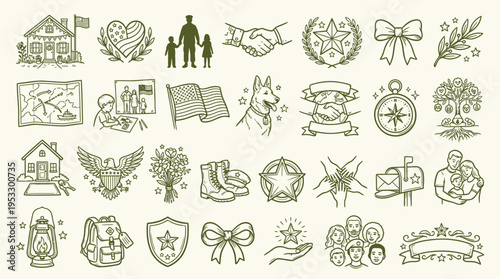 A collection of vintage-style hand-drawn icons representing military service, veteran support, patriotism, family values, and community spirit.