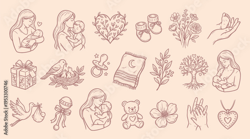 Vintage hand-drawn illustrations of motherhood, baby care, and family love, featuring mothers with infants, baby items, nature elements, and symbols of new life and affection.