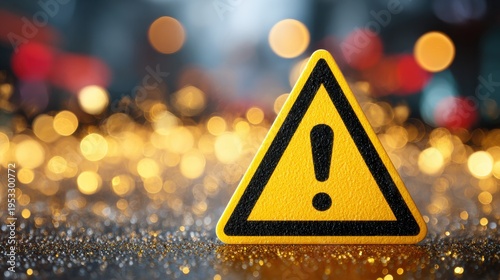 Warning sign with exclamation mark on yellow background alerts drivers to pay attention in traffic areas for safety concerns at any time.