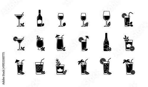 Minimalist cocktail icon set with lemon herb and flower garnishes black silhouette beverage vector collection