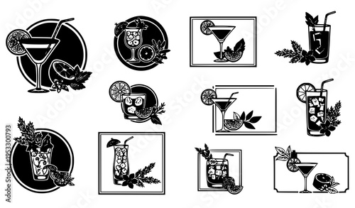 Cocktail badge icons with lemon herb and flower garnishes decorative bar and restaurant vector symbols