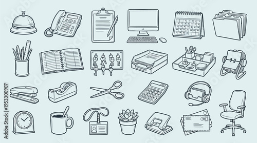 A comprehensive collection of various office supplies and equipment, rendered in a clean line art style, perfect for business and workplace themes.