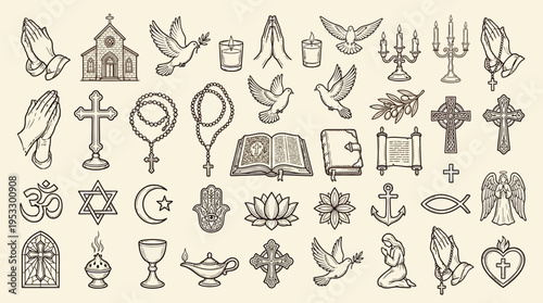 A detailed collection of religious and spiritual symbols and icons from various faiths, including Christianity, Judaism, Islam, and Eastern religions, in a vintage line art style.