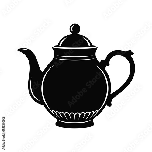 Elegant black silhouette teapot with intricate detailing and classic design isolated on white background, Vector, illustration