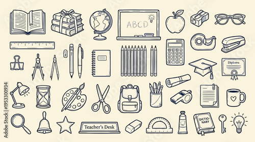 A comprehensive collection of hand-drawn school and office supplies, featuring various educational tools and stationery items in an outline style.
