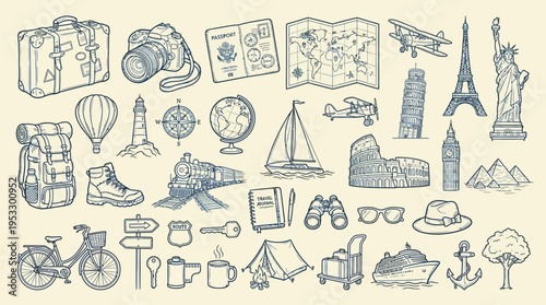 Hand-drawn vintage travel and tourism icons collection featuring famous landmarks, transport, and adventure gear on a light background.