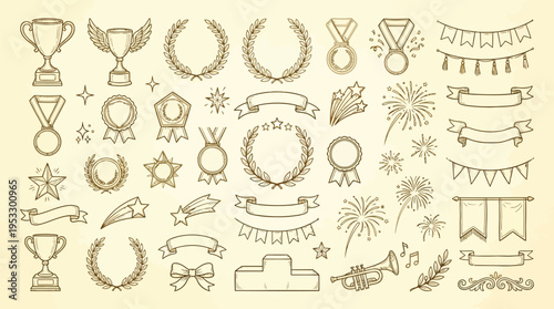 A comprehensive collection of hand-drawn vintage-style outline illustrations featuring trophies, medals, wreaths, ribbons, banners, and celebratory elements for awards and achievements.