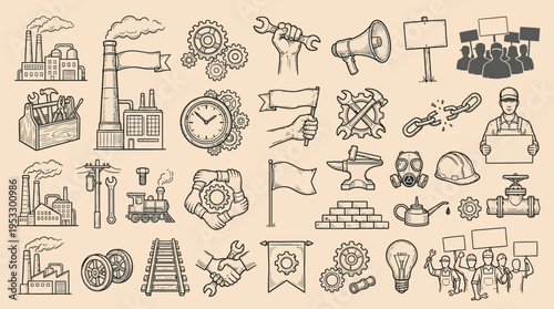 Vintage hand-drawn industrial and labor icons set, featuring factories, tools, workers, and protest symbols in a retro sketch style.