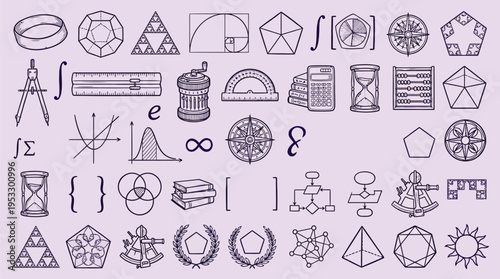 A comprehensive collection of mathematical and scientific symbols, geometric shapes, and tools on a light purple background.