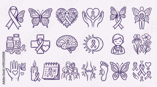 Collection of line art icons representing cancer awareness, health support, medical care, and patient advocacy symbols.