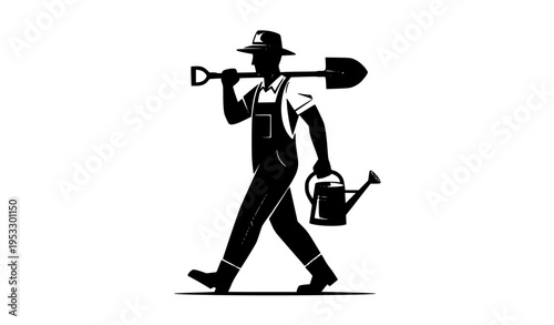Walking gardener silhouette carrying shovel and watering can bold minimal vector illustration