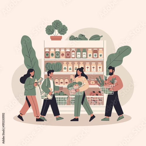 People walking with shopping baskets.