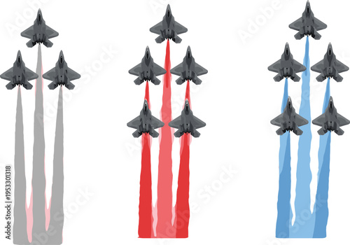 Vector illustration of military fighter jet formations flying in air show with red blue and white smoke trails isolated on white background background