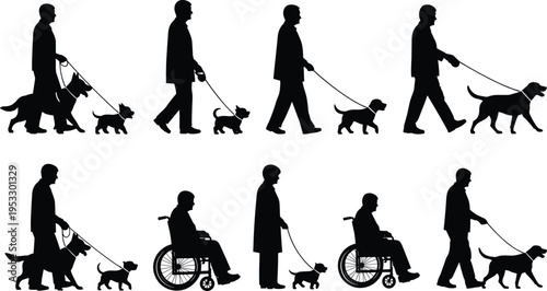 People walking dogs silhouettes set including standing, walking and wheelchair users with pets isolated on white background, pet care, companionship and daily lifestyle concept