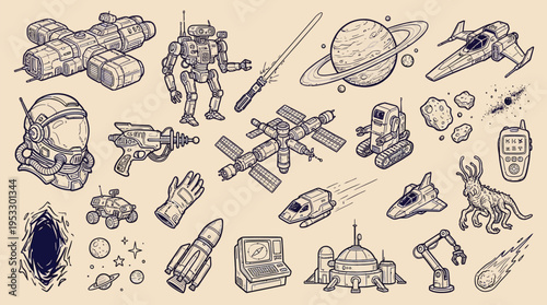 A collection of hand-drawn science fiction and space exploration elements, including spaceships, robots, aliens, and futuristic technology.
