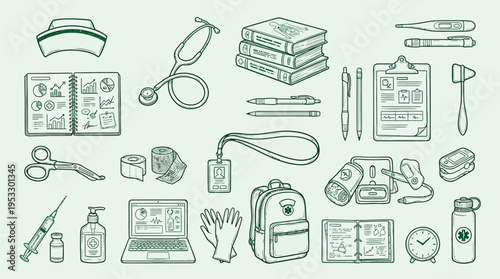 A comprehensive collection of medical equipment and supplies, including diagnostic tools, personal protective gear, and educational resources, presented in a clean, illustrative style.