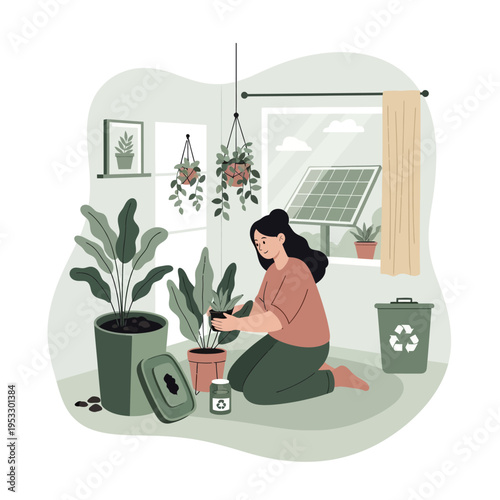 Woman planting in a pot indoors.