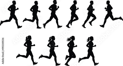 Running silhouettes of men and women in motion isolated on white background, fitness jogging sequence, healthy lifestyle concept, dynamic sport activity collection