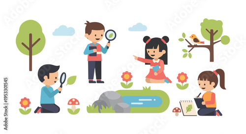 A group of inquisitive children engage in outdoor learning, using magnifying glasses and notebooks to explore plants and animals in nature.