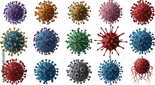 Large collection of colorful realistic virus and bacteria cells including coronavirus influenza and pathogen microbes isolated on white background for medical science research projects