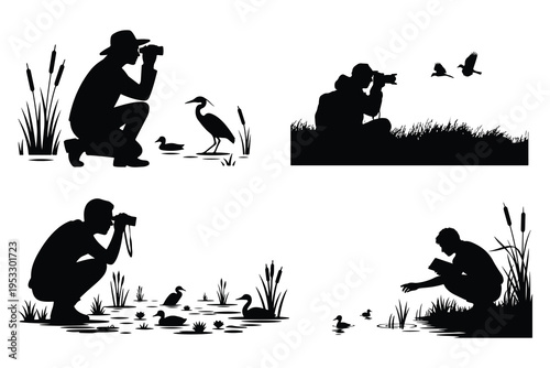 Silhouette of photographers with binoculars and camera near water