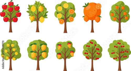 Fruit Tree Icon Set Featuring Apple, Lemon, Orange, Mango, and Cherry Trees