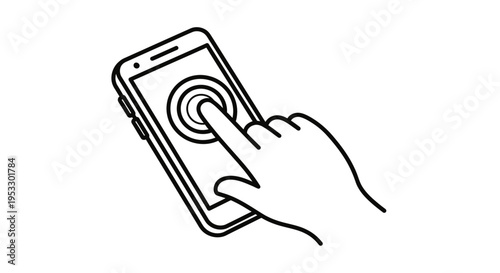 hand tapping smartphone screen illustrating mobile app usage and digital interaction with a user interface depicted in clean line art.