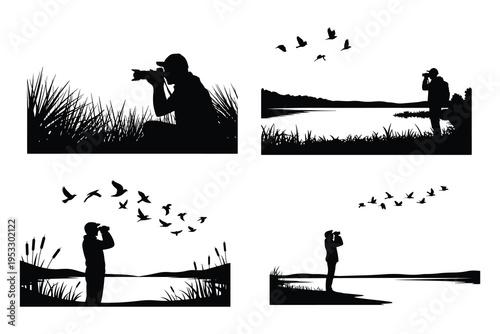 Silhouette of birdwatchers with binoculars and flying birds near water